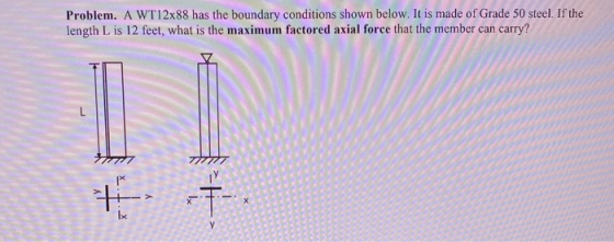 Problem. A WT12x88 has the boundary conditions shown below. It is made of Grade 50 steel. If the length L is 12 feet, what is