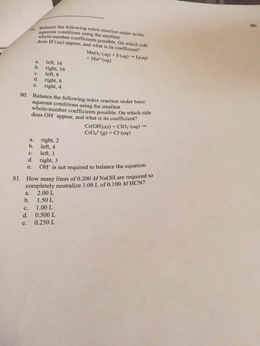 Balance the following redox reaction under basic a