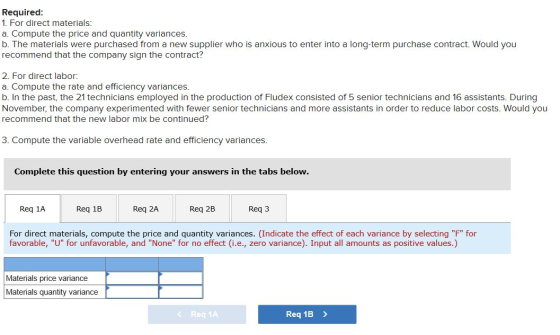 Required: 1. For direct materials: a. Compute the price and quantity variances. b. The materials were purchased from a new su