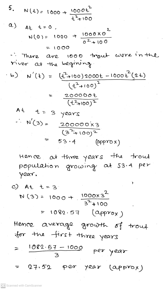 5. 1000t² a) N(+) = 1000 + ++100 At tao, 100OXO N( O ) = 1000 2 + 2 0 + 100 = 1000 .: There are 1000 trout were in the river