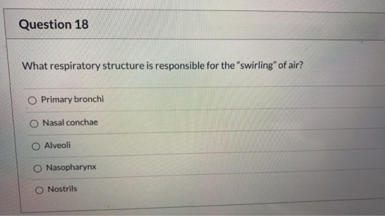 Question 18 What respiratory structure is responsible for the swirling of air? O Primary bronchi O Nasal conchae O Alveoli
