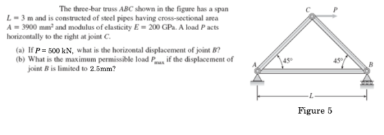 The three-bar truss ABC shown in the figure has a span L = 3 m and is constructed of steel pipes having cross-sectional area