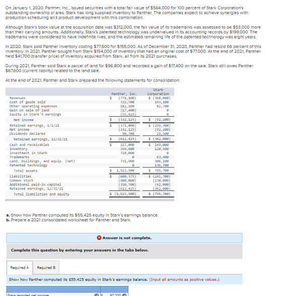 On January 1, 2020. Panther, Inc., issued securities with a total fair value of $564.000 for 100 percent of Stark Corporation