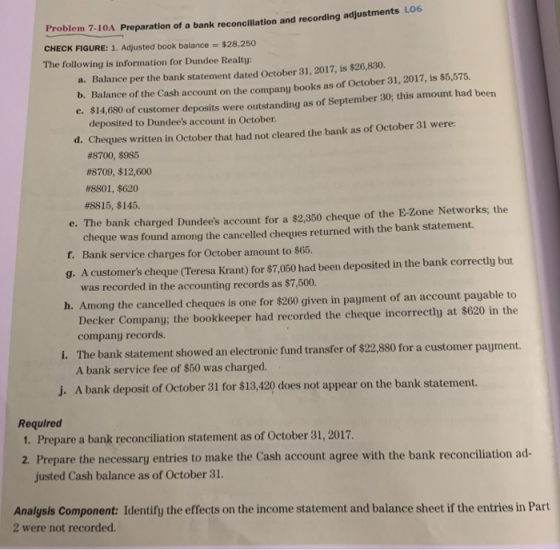 Problem 7-10A Preparation of a bank reconciliation and recording adjustmer CHECK FIGURE: 1. Adjusted book balance = $28,250 T