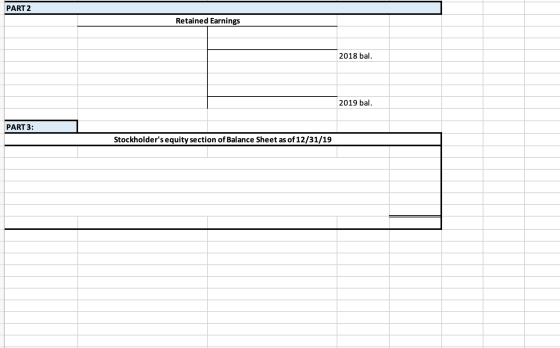 PART 2 Retained Earnings 2018 bal. 2019 bal. PART 3: Stockholders equity section of Balance Sheet as of 12/31/19