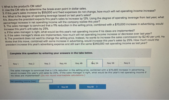 1. What is the products CM ratio? 2. Use the CM ratio to determine the break-even point in dollar sales. 3. If this years s