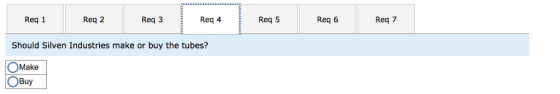 Req 6 Req 7 Req 4 Req 5 Req 3 Req 2 Req 1 Should Silven Industries make or buy the tubes? OMake OBuy