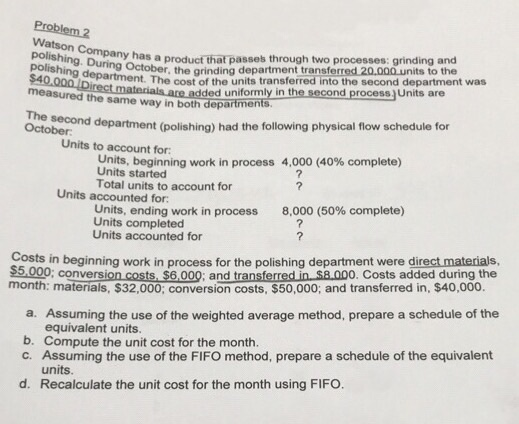 Problem 2 Watson Company has a polishing. During October.th polishing department. The cost $40.000. Direct materials are upan