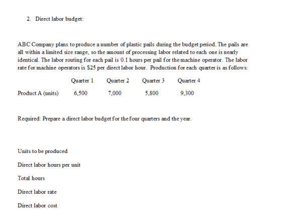 2. Direct labor budget: ABC Company plans to produce a number of plastic pails during the budget period. The pails are all wi