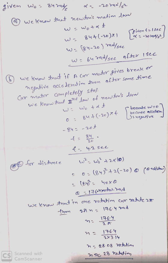 4 A Car Motor Rotates At 84 Rad s In Idle Mode When Shut Off Its