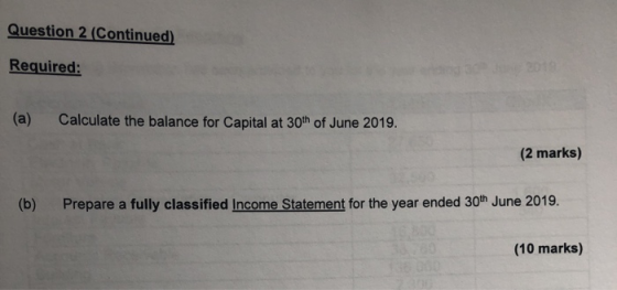 Question 2 (Continued) Required: (a) Calculate the balance for Capital at 30th of June 2019. (2 marks) (6) Prepare a fully cl