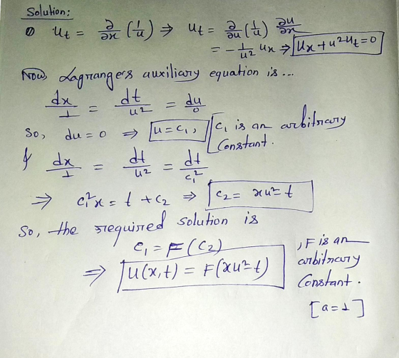 Solution; ut = ƏX an (2) Ut= a (th) an = - 412 un Ux + 4242=0 Now Lagrangers auxiliary equation is .. dex dt du u=c, l/c, is