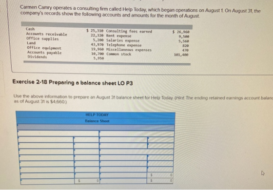 Carmen Camry operates a consulting firm called Help Today, which began operations on August 1. On August 31, the companys re