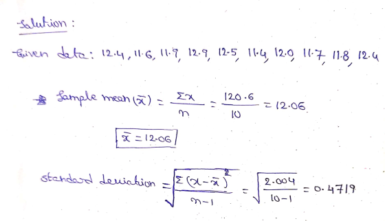Solution : Guiven deta: 12.4,11.6, 11-9, 12.9, 12-5, 114 12.9 11.7 11.8 12.4 Sample mean (2) = Σ 120.6 Ĉ12.06 n 10 x=12-06 st