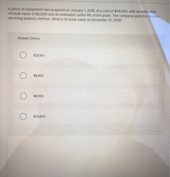 A plece of equipment was acquired on January 1, 2018, at a cost of $44,000, with an estimated residual value of $2,000 and an