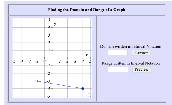 Finding the Domain and Range of a Graph Domain written in Interval Notation Preview | -5 -4 -3 -2 -1 1 2 3 4 5 Range written