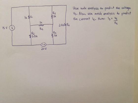 Use hode analysis to fredict the voltage V5. Also, use mesh analysis to predict the current ig. Note: i5V R3 3k lk R5 R5 R4 R