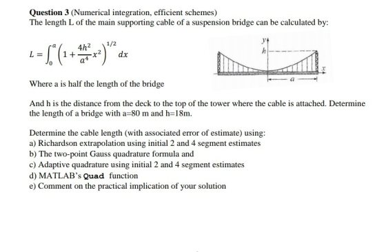Question 3 (Numerical integration, efficient schemes) The length L of the main supporting cable of a suspension bridge can be