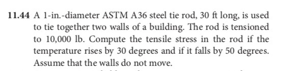 11.44 A 1-in.-diameter ASTM A36 steel tie rod, 30 ft long, is used to tie together two walls of a building. The rod is tensio