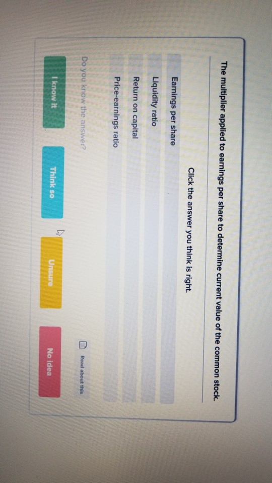 The multiplier applied to earnings per share to determine current value of the com mon stock Click the answer you think is right. Earnings per share Liquidity ratio Return on capital Price-earnings ratio Read about this Do you know the answer? I know it Think so Unsure No idea
