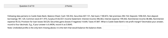Question 3 of 10 2 Points Following data pertains to Castle State Bank. Balance Sheet: Cash 100.352, Securities 607.131, Net