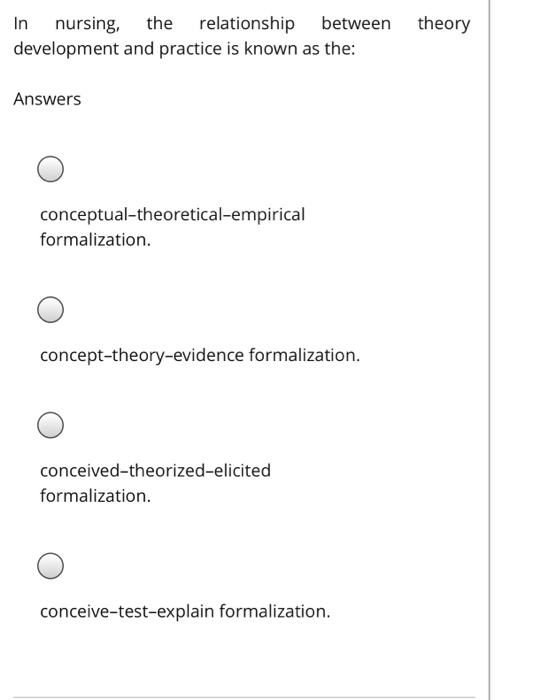 nursing, the relationship between development and practice is known as the: theory In Answers conceptual-theoretical-empirica