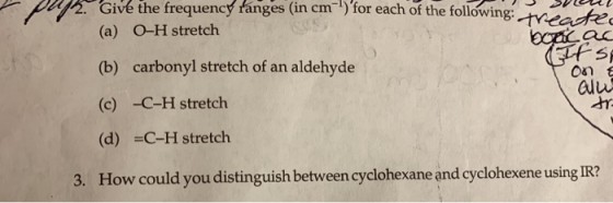 2. Give the frequency ranges (in cm ) for each of the following var ch of the following: treated (a) O-H stretch bonac Ifs, (