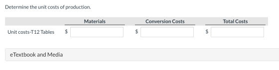 Determine the unit costs of production. Materials Conversion Costs Total Costs Unit costs-T12 Tables $ e Textbook and Media