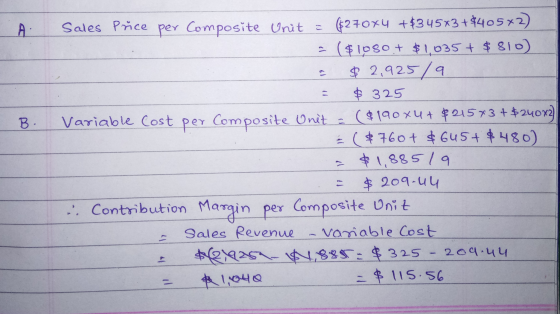 A B. c Sales Price per Composite Unit ($270x4 +$345x3 +$405x2) ($1080 + $1,035 + $ 810) $ 2,925/9 $ 325 Variable Cost per Com