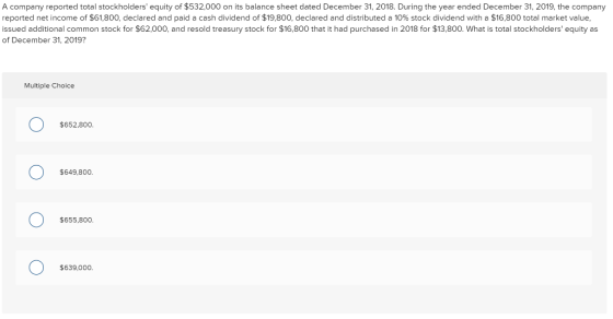A company reported total stockholders equity of $532,000 on its balance sheet dated December 31, 2018. During the year ended