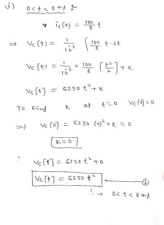 (!! Vc (t) = oct<8 ms : c(t) = 100+ Vc (t) 100 t.dt E]+ 1 Х 100 8 tk 3 10 6250 +²+k Vc (t] at a=7 Ve[o] =0 TO Find K Vero] 62