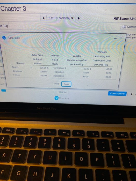 Chapter 3 8 of 9 (9 complete) HW Score: 63% ar to) Questio Data Table rugs are cost per Variable Sales Price Marketing and to