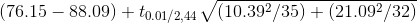 ( 76.15 - 88.09 ) + t_{ 0.01/2 , 44 }\sqrt{ ( 10.39^{2}/ 35 ) + ( 21.09^{2}/ 32 )}