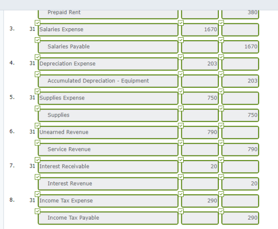 Prepaid Rent 3. 31 Salaries Expense JO1601 Salaries Payable IL 1670 4. 31 Depreciation Expense Accumulated Depreciation - Equ