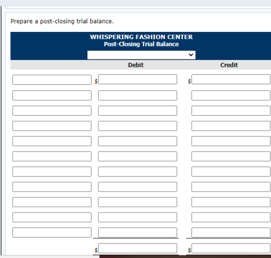 Prepare a post-closing trial balance. WHISPERING FASHION CENTER Post-Closing Trial Balance Debit Credit