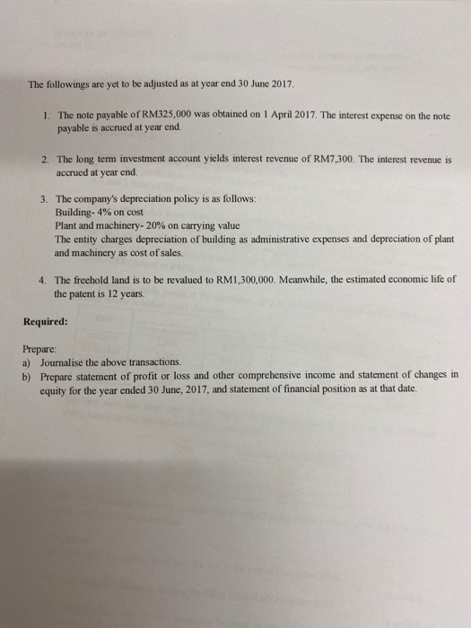 The followings are yet to be adjusted as at year end 30 June 2017 1. The note payable of RM325,000 was obtained on 1 April 20