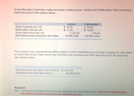 Rocky Mountain Corporation makes two types of hiking boots-Xactive and Pathbreaker. Data concerning these two product lines a