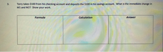 3. Terry takes $100 from his checking account and deposits the $100 in his savings account. What is the immediate change in M