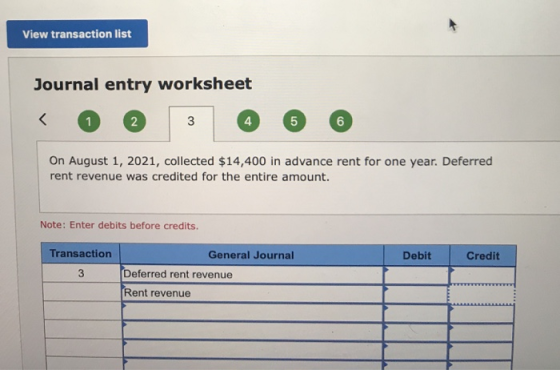 View transaction list Journal entry worksheet < 0 3 6 O On August 1, 2021, collected $14,400 in advance rent for one year. De