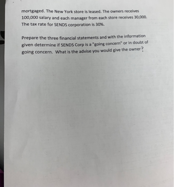 mortgaged. The New York store is leased. The owners receives 100,000 salary and each manager from each store receives 30,000.