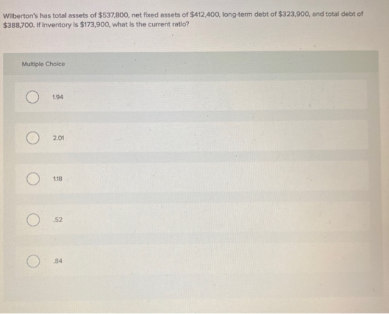 Wilbertons has total assets of $537,800, net fixed assets of $412,400, long-term debt of $323,900, and total debt of $388,70