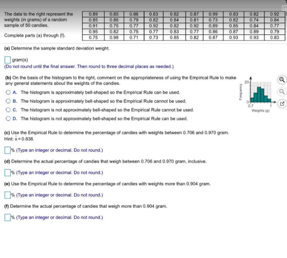 The data to the right represent the weights (in grams) of a random sample of 50 candies. Complete parts (a) through (f). 0.89