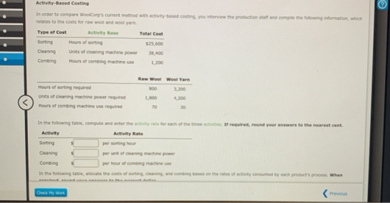 Activity-Based Costing In order to compare WoolCorps current method with activity based costing you interview the production