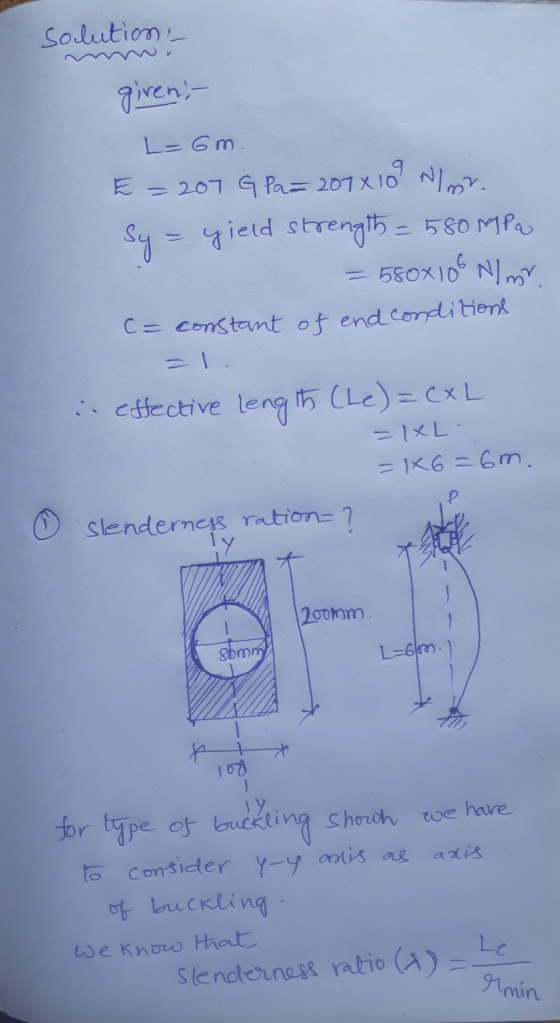 solution giren L=6 m. E = 207 G Pan 207x10 N/mr. Sy = yield strength = 580 MPa = 5800106 N/my = constant of end conditions ef