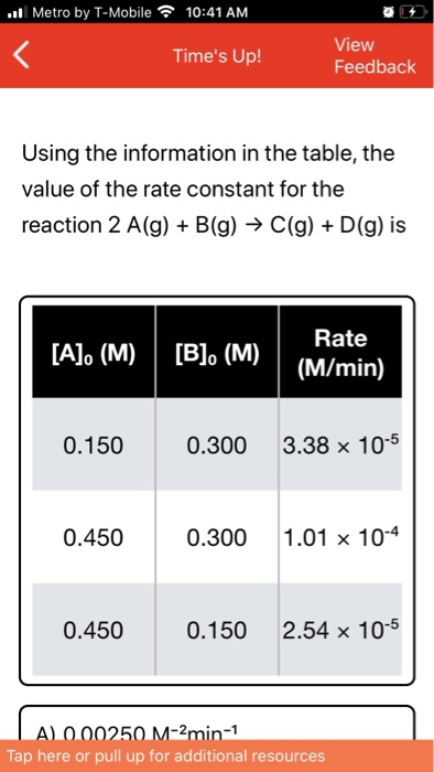 | Metro by T-Mobile 10:41 AM Times Up! View Feedback Using the information in the table, the value of the rate constant for