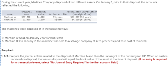 During the current year, Martinez Company disposed of two different assets. On January 1, prior to their disposal, the accoun