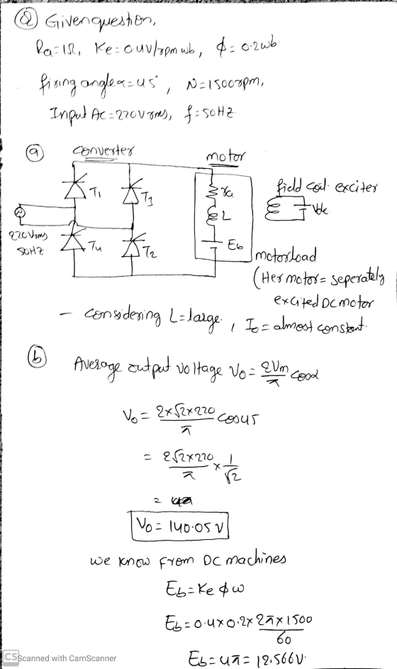 &= 0.2wb. a Vo = 2x52x220 cosus @ Given question, Ra=18, Ke-ouv/opm wb, firing anglea=us N=1500rpm, Input Ac=2rovams, f= 50Hz