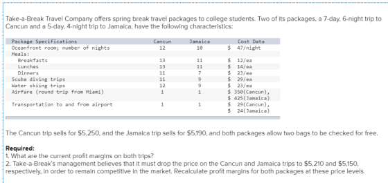 Take-a-Break Travel Company offers spring break travel packages to college students. Two of its packages, a 7-day, 6-night tr