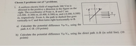 Choose 5 problems out of 7 problems. I. A uniform electric field of magnitude 300 V/m is directed in the positive x direction