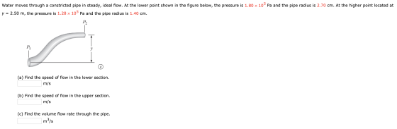 Water moves through a constricted pipe in steady, ideal flow. At the lower point shown in the figure below, the pressure is 1